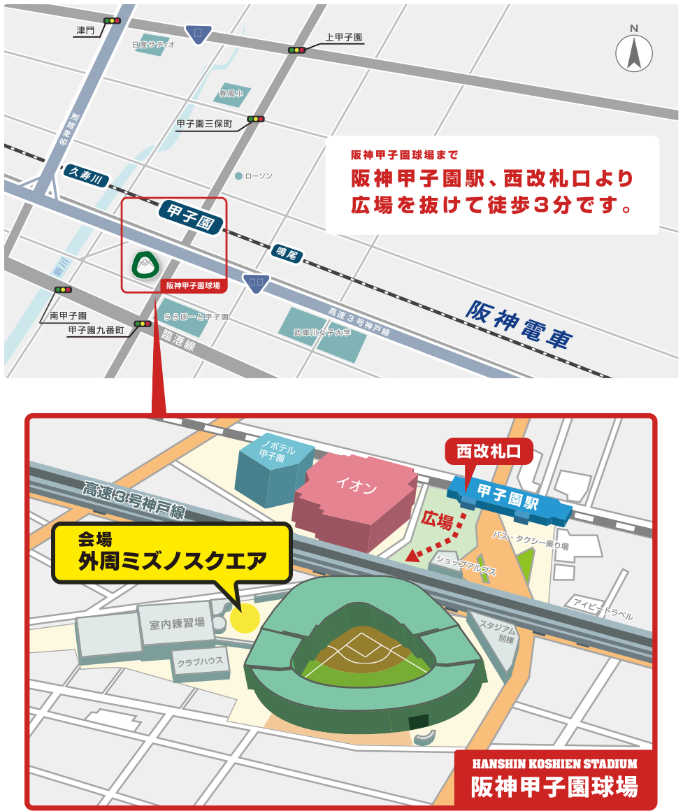阪神甲子園球場まで阪神甲子園駅、西改札口より広場を抜けて徒歩3分です。会場：外周ミズノスクエア