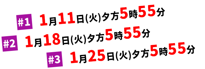 #1 1月11日(火)夕方5時55分、#2 1月18日(火)夕方5時55分、#3 1月25日(火)夕方5時55分