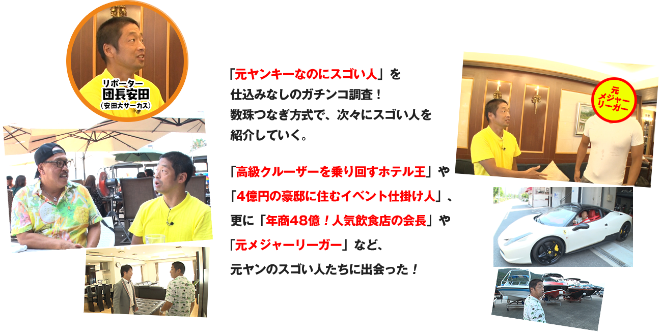 「元ヤンキーなのにスゴい人」を仕込みなしのガチンコ調査！数珠つなぎ方式で、次々にスゴい人を紹介していく。
「高級クルーザーを乗り回すホテル王」や「4億円の豪邸に住むイベント仕掛け人」、更に「年商48億！人気飲食店の会長」や「元メジャーリーガー」など、
元ヤンのスゴい人たちに出会った！