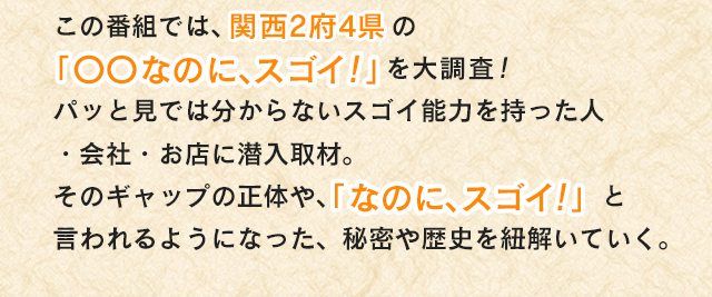 この番組では、関西2府4県の「〇〇なのに、スゴイ！」を大調査！
パッと見では分からないスゴイ能力を持った人・会社・お店に潜入取材。そのギャップの正体や、「なのに、スゴイ！」と言われるようになった、秘密や歴史を紐解いていく。